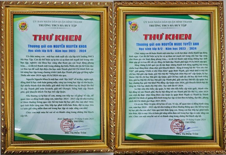 Hai lá thư khen cô Diễm Trâm viết tặng học trò - Ảnh: NVCC