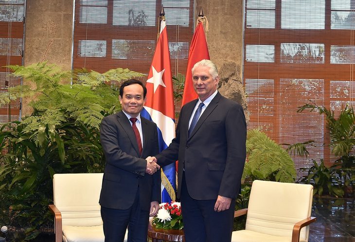 Bí thư thứ nhất Đảng Cộng sản Cuba, Chủ tịch nước Cuba Miguel Diaz-Canel trong cuộc tiếp Phó thủ tướng Trần Lưu Quang - Ảnh: VGP